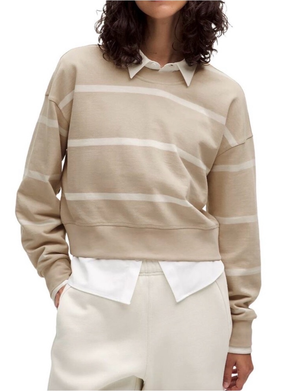 NWT Lululemon Perfectly Oversized Cropped Crew sz 4 in Tan/White